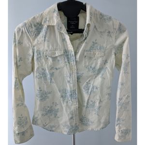 American Eagle White Floral Denim Chambray Shirt
